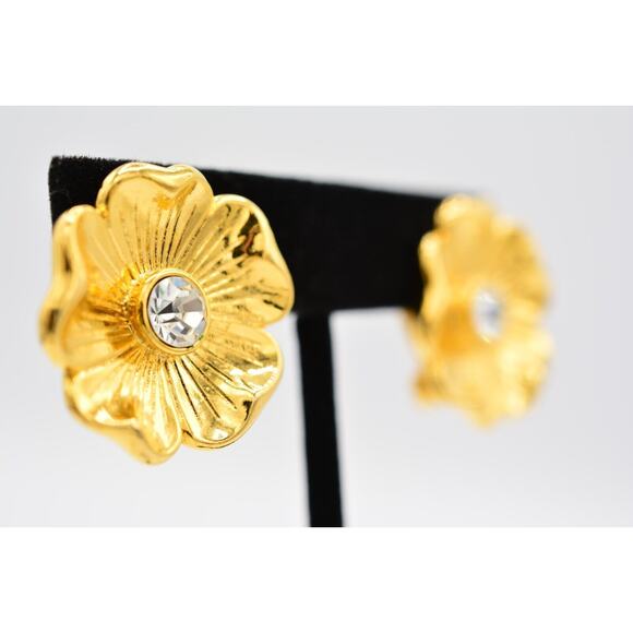 Premier USA Vintage Clip On Earrings Rhinestone Crystal Flower Gold Signed BinAO - Picture 4 of 12